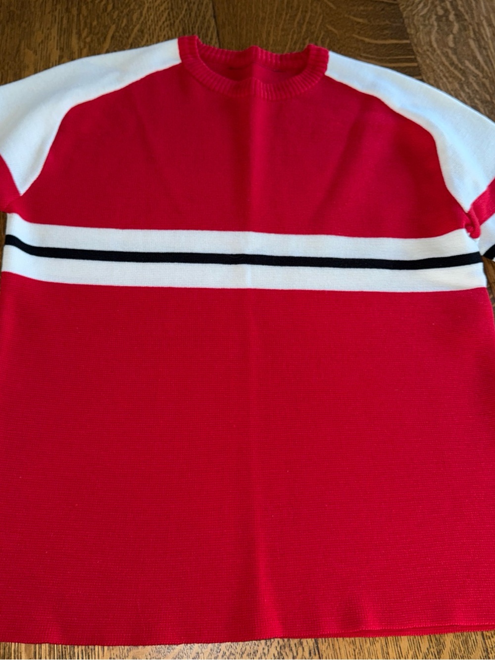 Red Crewneck Sweater with White & Black Stripe - Women's Crew Neck - Picture 1 of 13